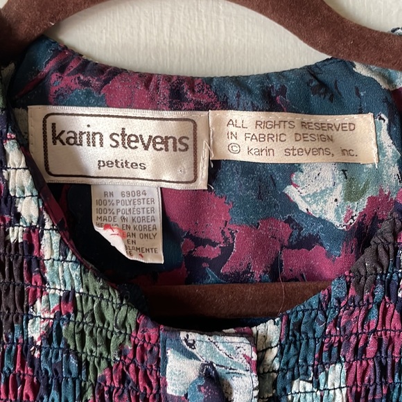 Vintage Karin Stevens polyester floral smocked midi button dress - Picture 4 of 9